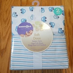 Babies R Us 2 pk blue cars and stripes crib sheets